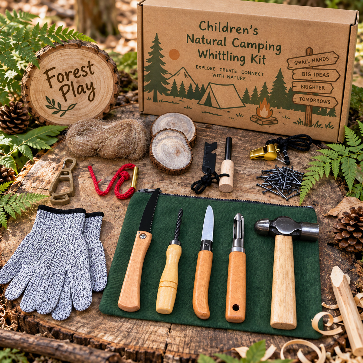 Children’s Bushcraft Woodworking Kids Whittling Knife and Spinning Hand Drill Kit Camping Tool Fire Starter