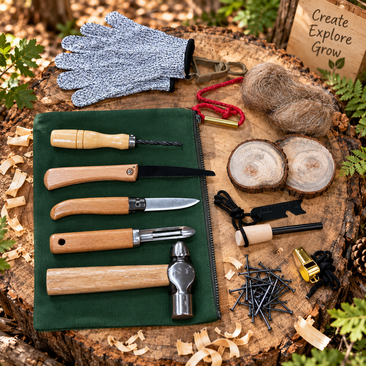 Children’s Bushcraft Woodworking Kids Whittling Knife and Spinning Hand Drill Kit Camping Tool Fire Starter