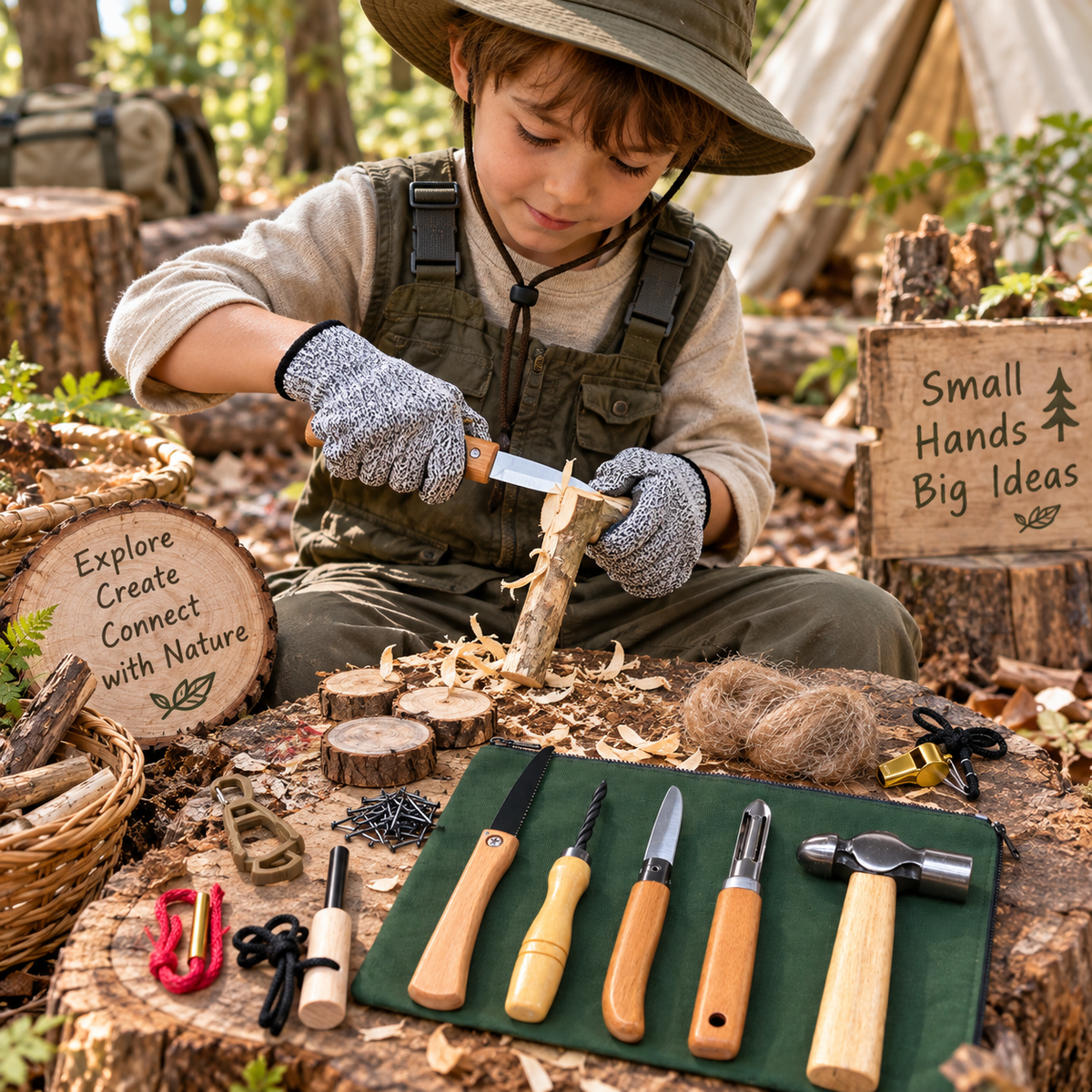 Children’s Bushcraft Woodworking Kids Whittling Knife and Spinning Hand Drill Kit Camping Tool Fire Starter