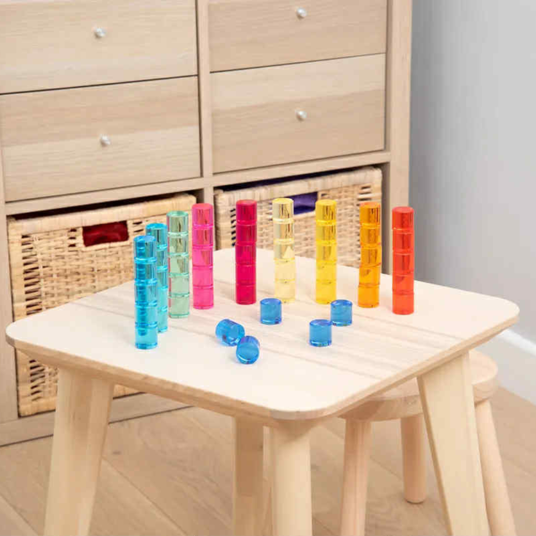 Tickit 100 pcs Gem Circle Lucite Gem Circle Blocks with Mirror Tray Rainbow Translucent Acrylic Open-ended Toy with Tray Tickit