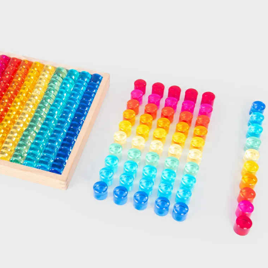 Tickit 100 pcs Gem Circle Lucite Gem Circle Blocks with Mirror Tray Rainbow Translucent Acrylic Open-ended Toy with Tray Tickit