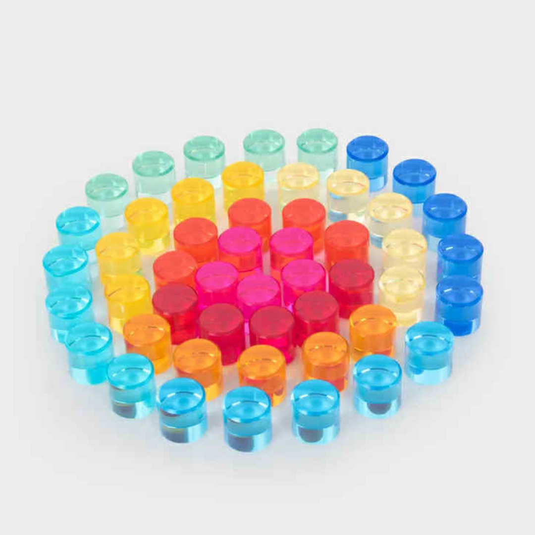Tickit 100 pcs Gem Circle Lucite Gem Circle Blocks with Mirror Tray Rainbow Translucent Acrylic Open-ended Toy with Tray Tickit