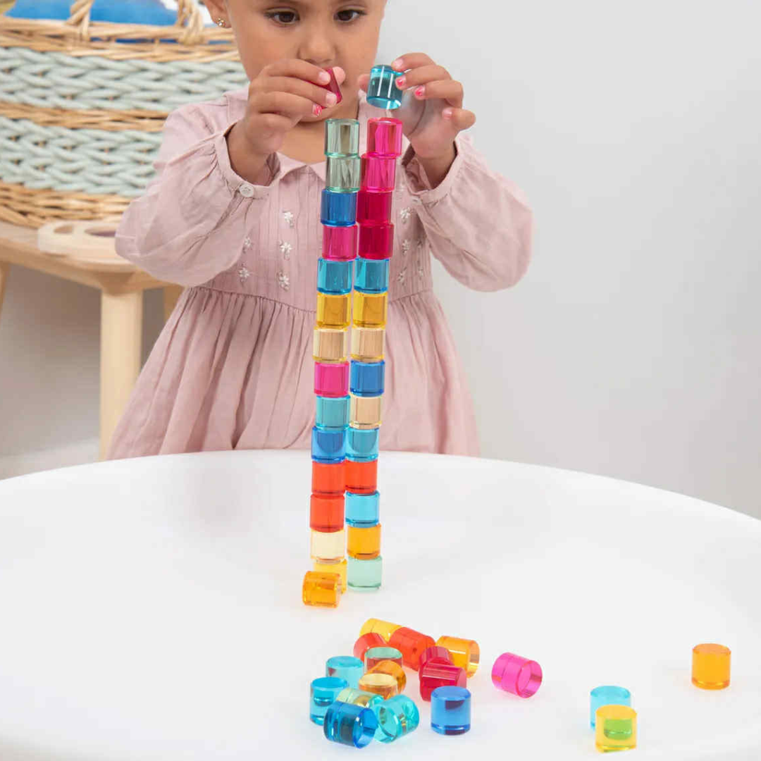 Tickit 100 pcs Gem Circle Lucite Gem Circle Blocks with Mirror Tray Rainbow Translucent Acrylic Open-ended Toy with Tray Tickit