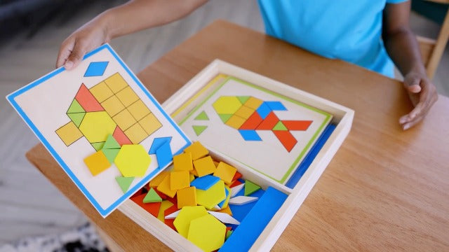 Pattern Shape Blocks Memory Large Wooden Pattern Blocks Geometric Shapes Puzzle with Flash Cards ...