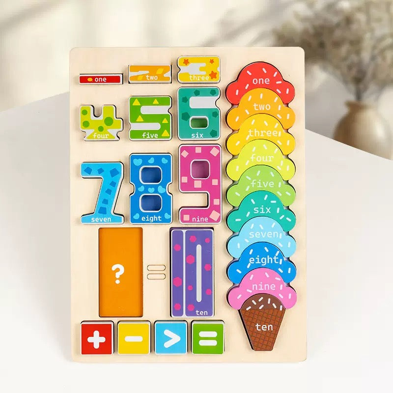 Wooden Ice Cream Number Blocks &  Counting Puzzle Kids Educational Math Learning Counting Black