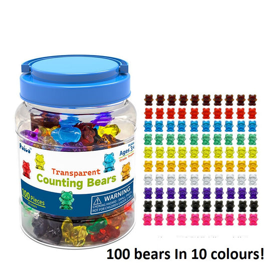 Educational Resources Transparent Counting Teddy Bears in 10 colours 100 Pieces - HAPPY GUMNUT