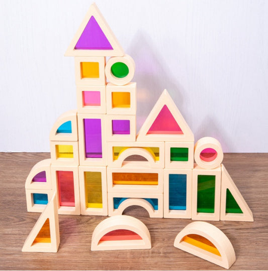 Sensory Light and Colour Wooden Cream Acrylic Rainbow Blocks 24pc - HAPPY GUMNUT