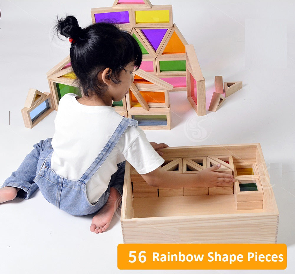 56pc Large Jumbo Premium Wooden Rainbow Building Blocks With Tray
