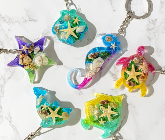 Marine Resin Shapes Keyring With Marine Life Inside