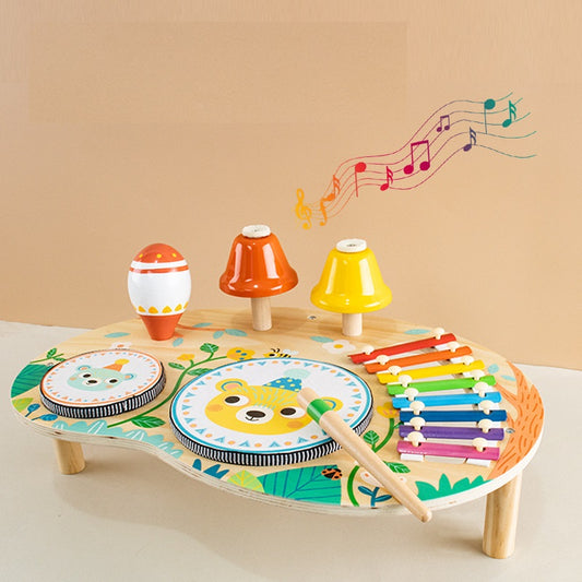 Wooden Kids Percussion Music Set with Bell Musical Chime Drum Xylophone and Rattles - HAPPY GUMNUT
