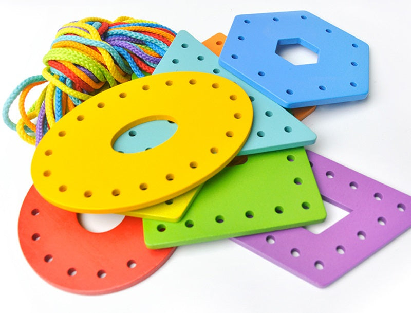 Wooden Lacing Boards Kids Montessori Geometric Shapes Threading Activity Game Childcare Supplies