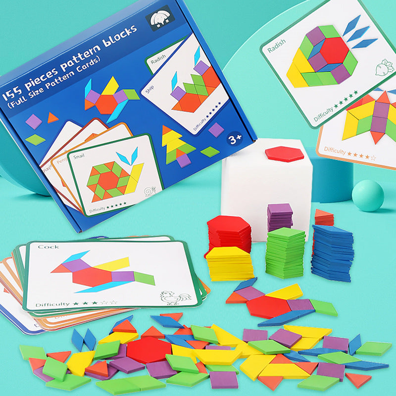 155 pc Wooden Pattern Blocks Geometric Shapes Puzzle With Large Flash ...