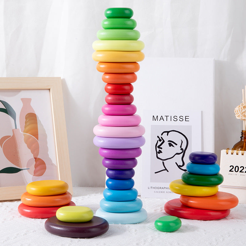 Rainbow Wooden Stacking Pebbles Balancing Stones Toy 20pc