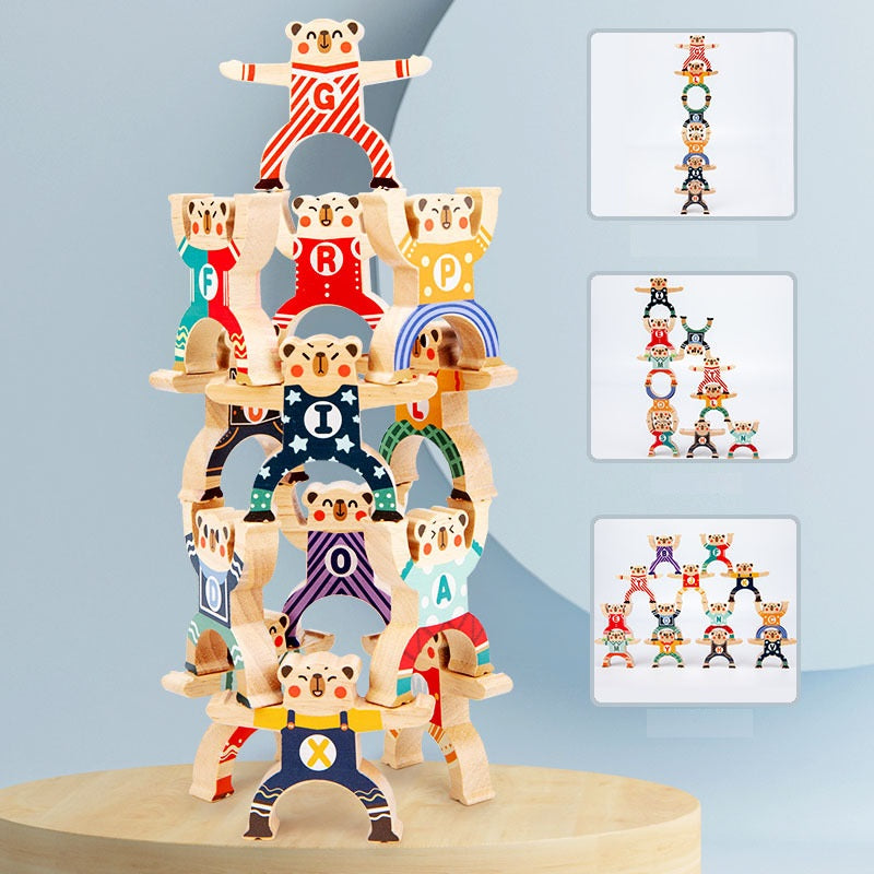 Wooden Set of 13 Alphabet Balancing Stacking Bear Blocks - HAPPY GUMNUT