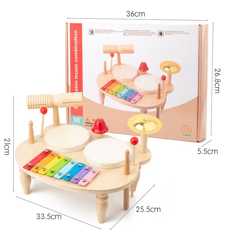 Wooden Kids Percussion Music Set with Bell Musical Chime Drum and Xylophone