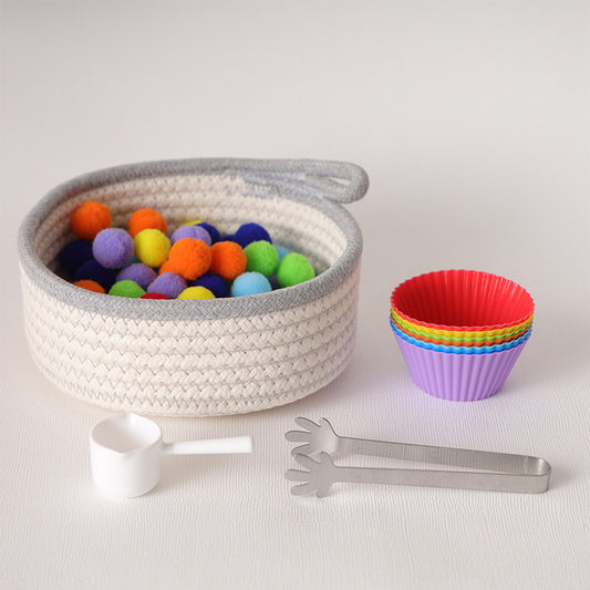Montessori Kids  Pom Poms Transfer Activity  Colour Ball in a Basket Sorting Activity