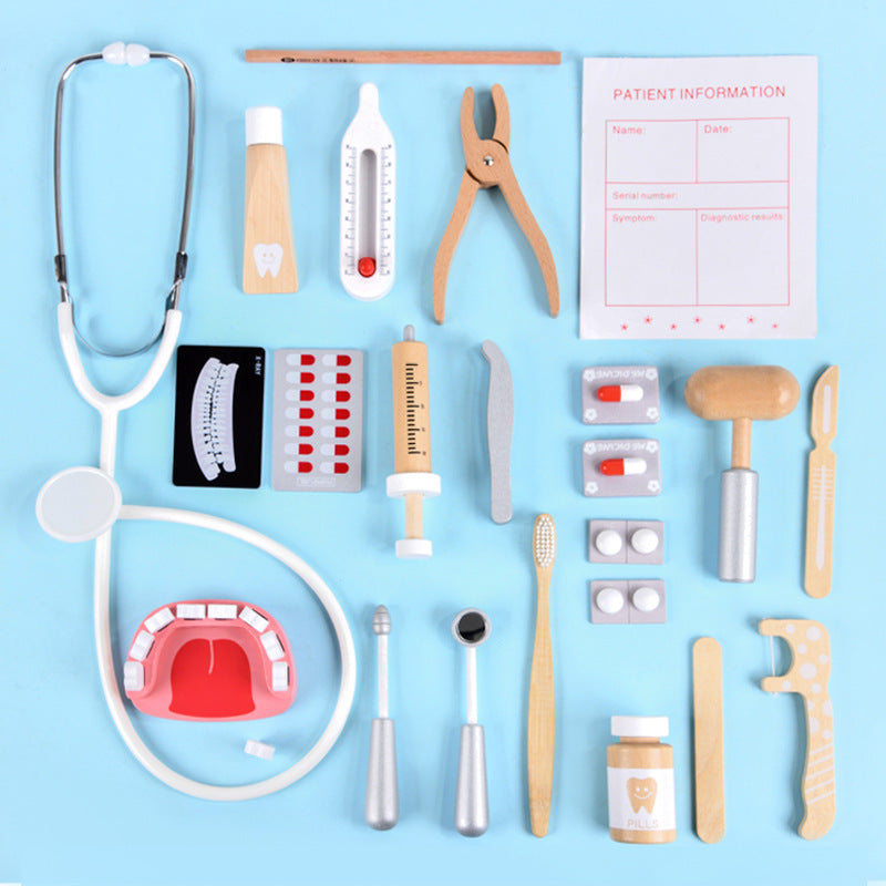 Kids Wooden Doctor Kit with Medical Bag Playset Red First Aid Kit