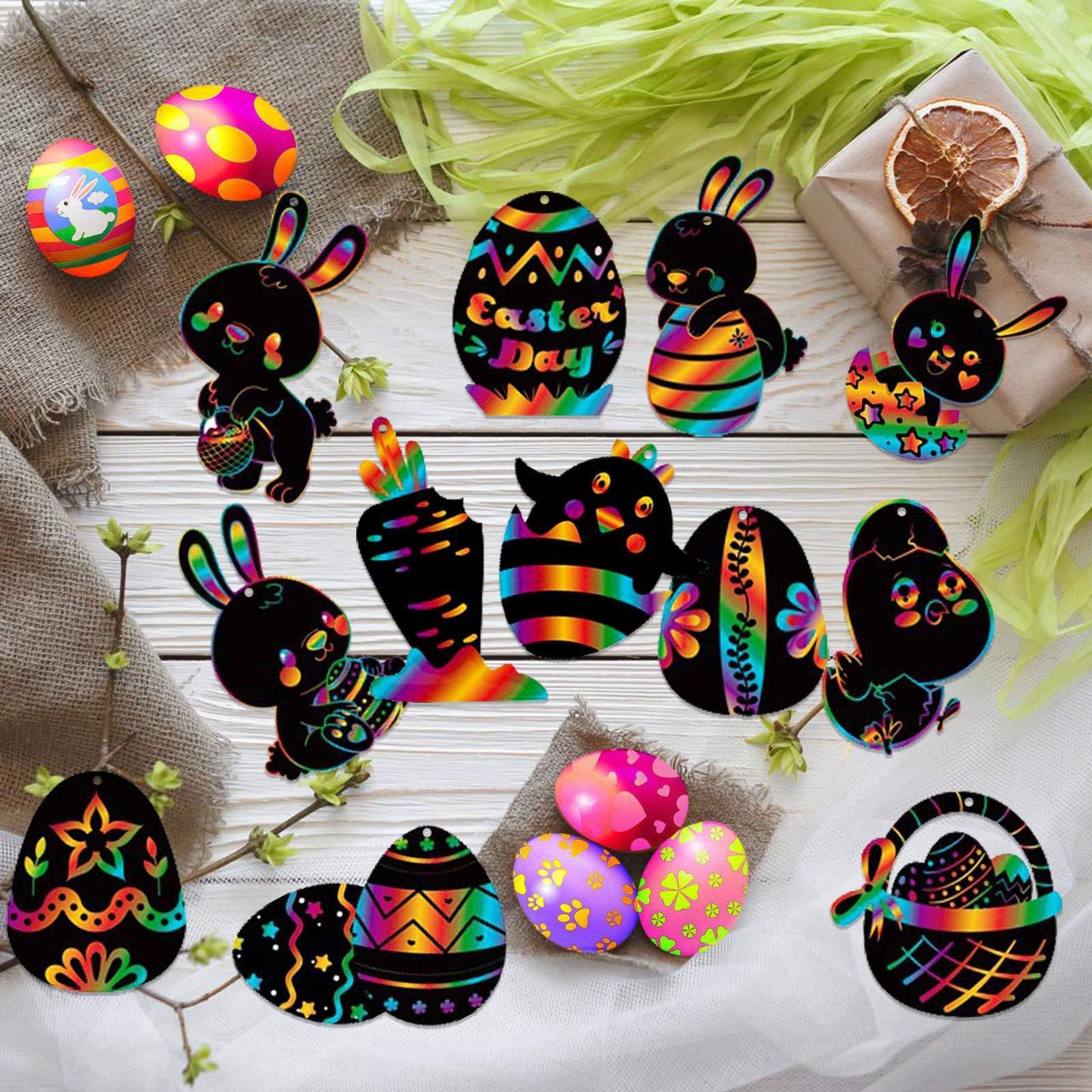 Scratch Paper Easter Eggs Bunny Fluro Rainbow Scratching Paper Art Kit 12 Sheets - HAPPY GUMNUT