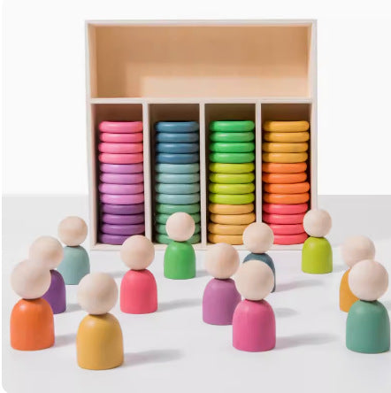 12  Peg Dolls and 48 Wooden Coins In a tray Open Ended Play Toy