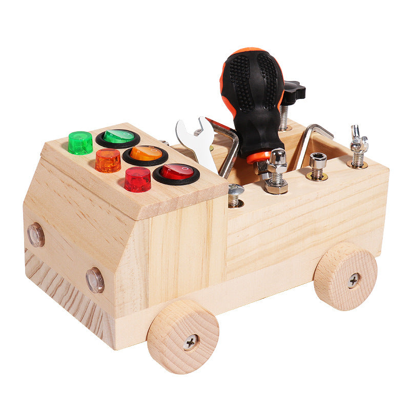 Montessori Wooden Truck Screwdriver Board with tool kit set Bolts and nuts Cogs LED Switches