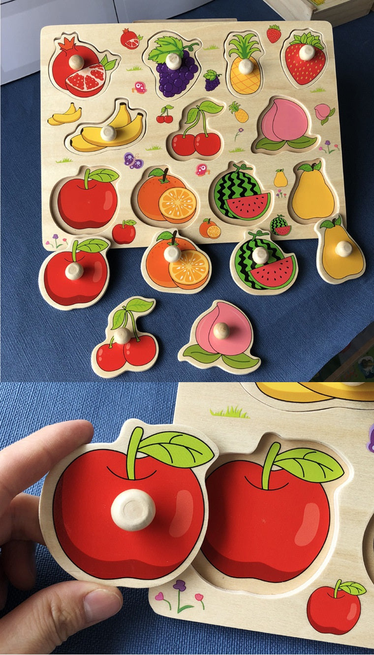 Wooden Fruit Shapes Sorting puzzle Board with knobbed handles