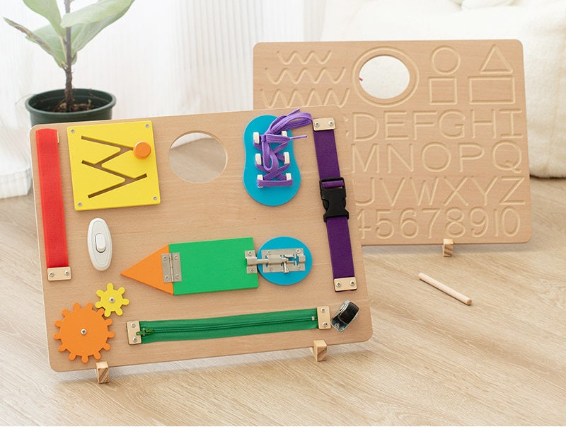 Kids Wooden Double Sided Busy Board Zipping, shoeslace, doors with ABC Tracing Board - HAPPY GUMNUT