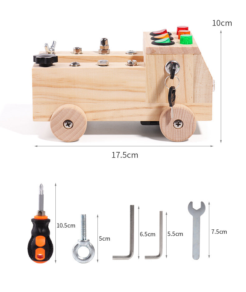 Montessori Wooden Truck Screwdriver Board with tool kit set Bolts and nuts Cogs LED Switches