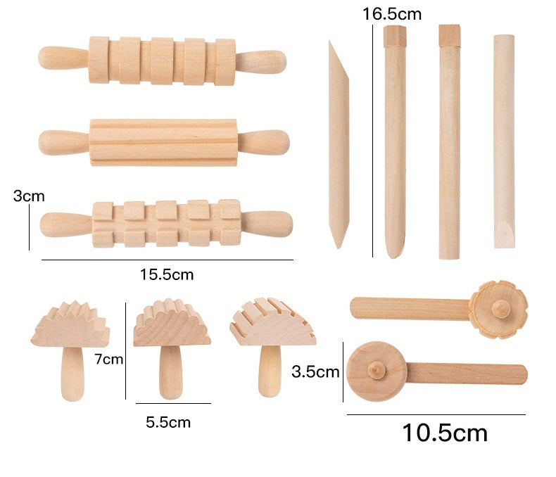 Wooden Sensory Playdough Roller Pin Set Tool Kit 12 pieces