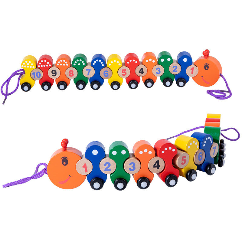 Wooden Push Pull Along Caterpillar Train Set with Numbers bead threading Lacing Game