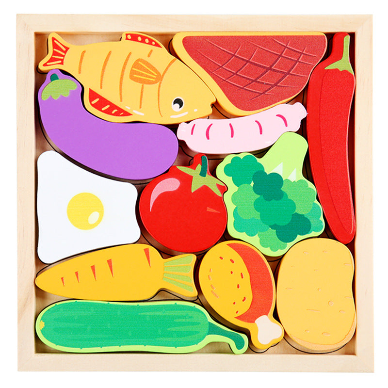 Kids Wooden Vegetables Puzzle Blocks With Tray