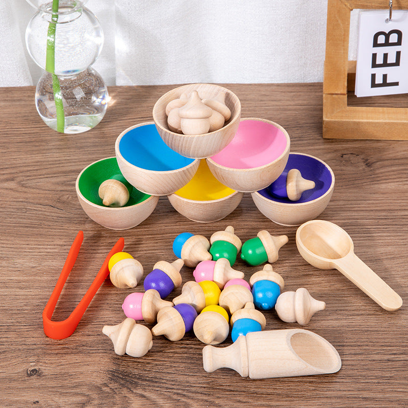 Wooden Acorn Colouring Sorting Set with Bowl and Utensils Sensory Bin Kit - HAPPY GUMNUT