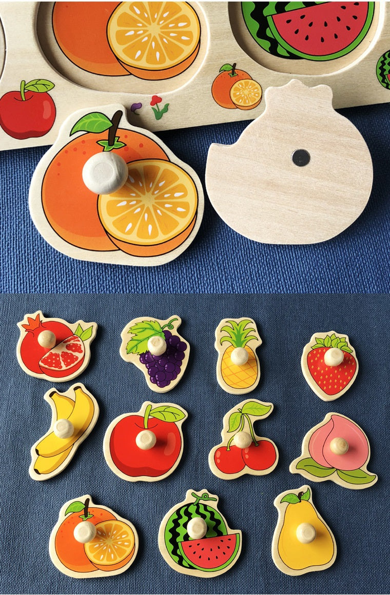Wooden Fruit Shapes Sorting puzzle Board with knobbed handles