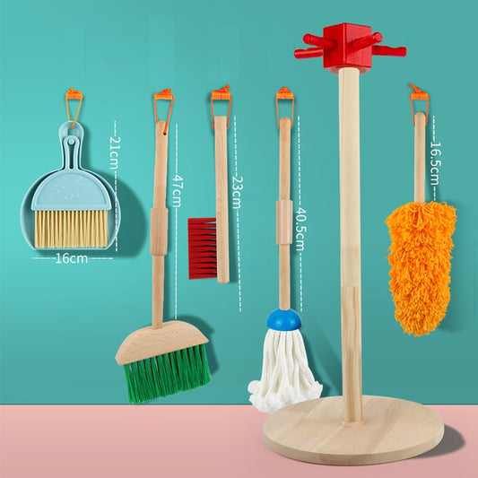 Wooden Sweeper Dustpan Mop Duster Brush Cleaning Kit with Hanger