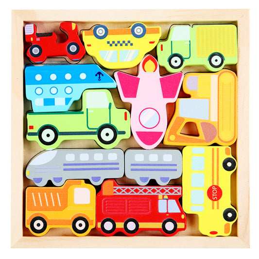 Kids Wooden Traffic Car Truck Theme Puzzle Blocks With Tray