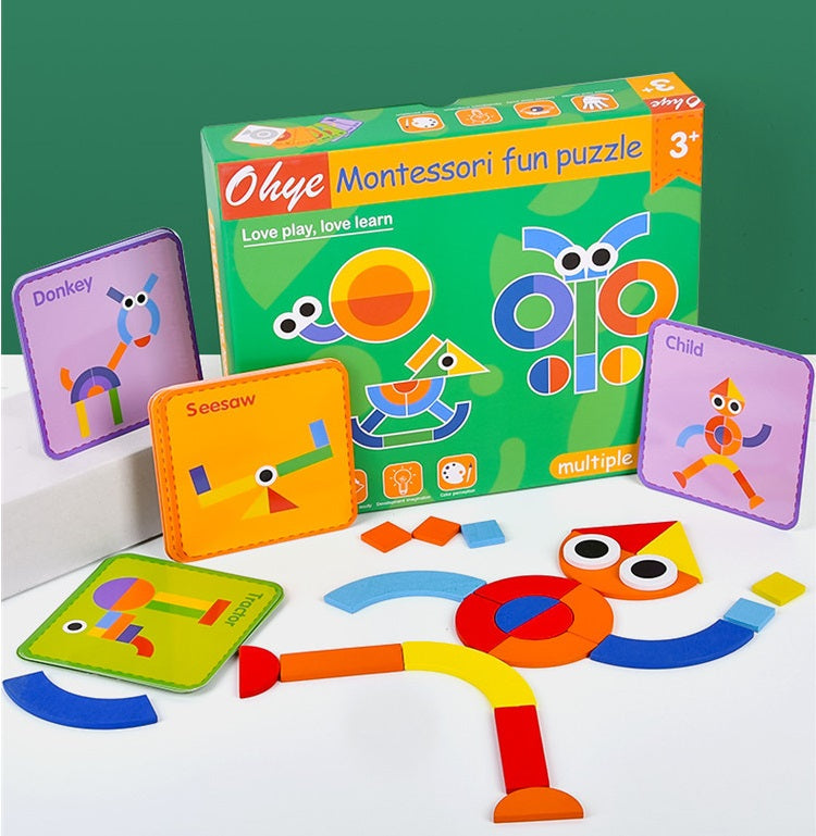 Wooden Pattern Blocks Geometric Shapes Creative Basic Shapes Puzzle With Cards