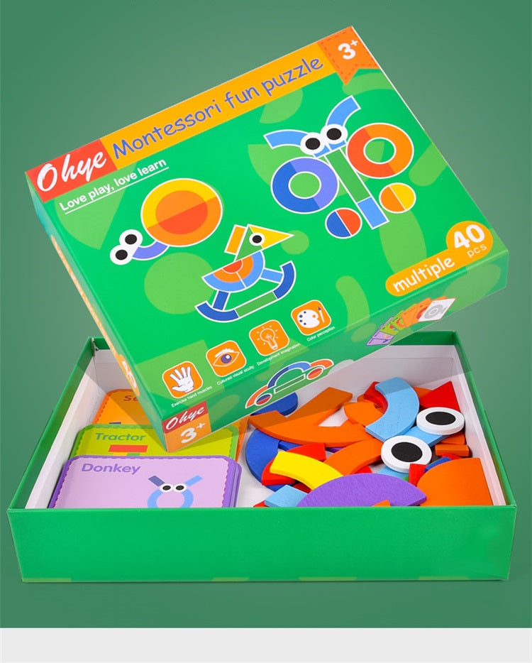 Wooden Pattern Blocks Geometric Shapes Creative Basic Shapes Puzzle With Cards