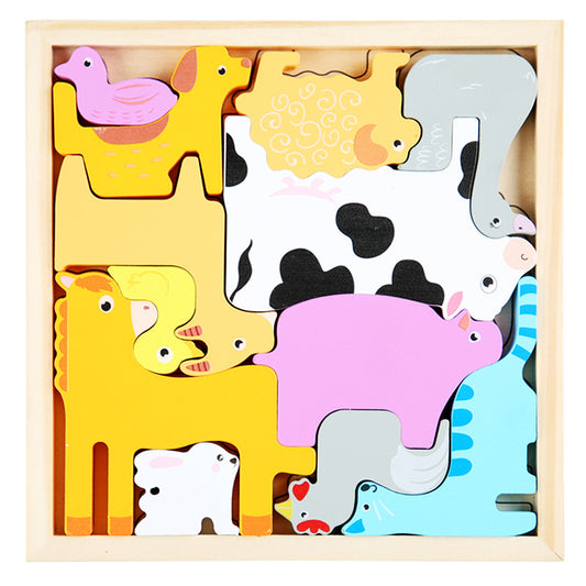 Kids Wooden Farm Animal Puzzle Blocks With Tray