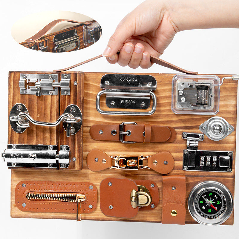 Wooden Busy Board Children Montessori Toy Latches Locks Compass Belts Clips