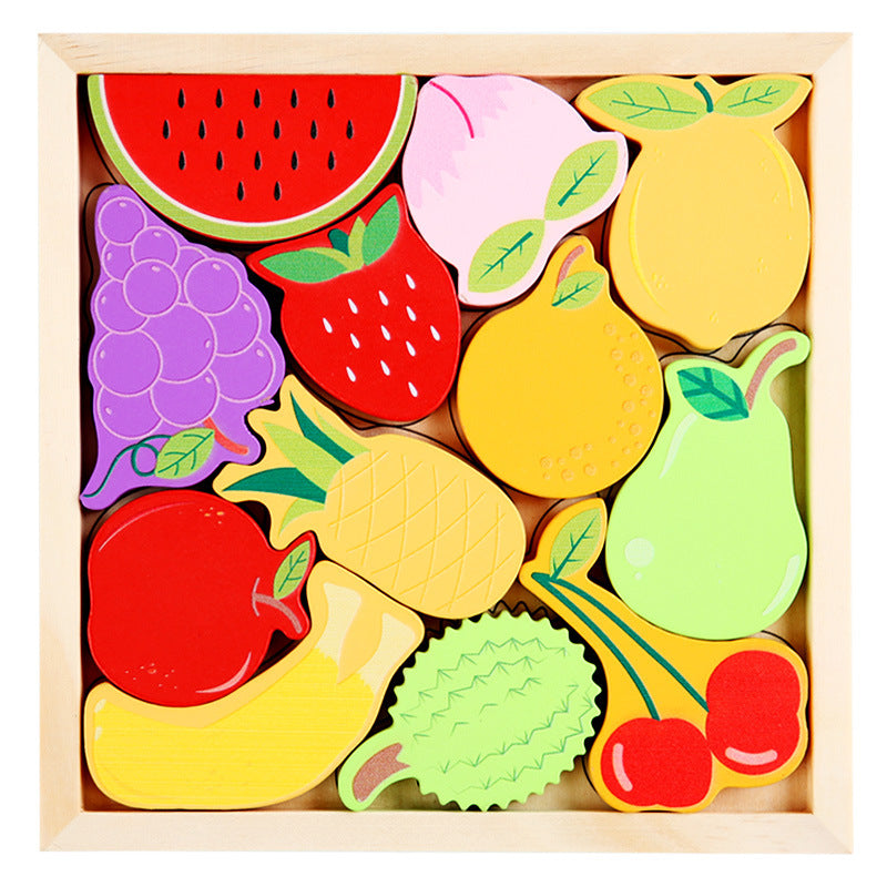 Kids Wooden Fruit Puzzle Blocks With Tray