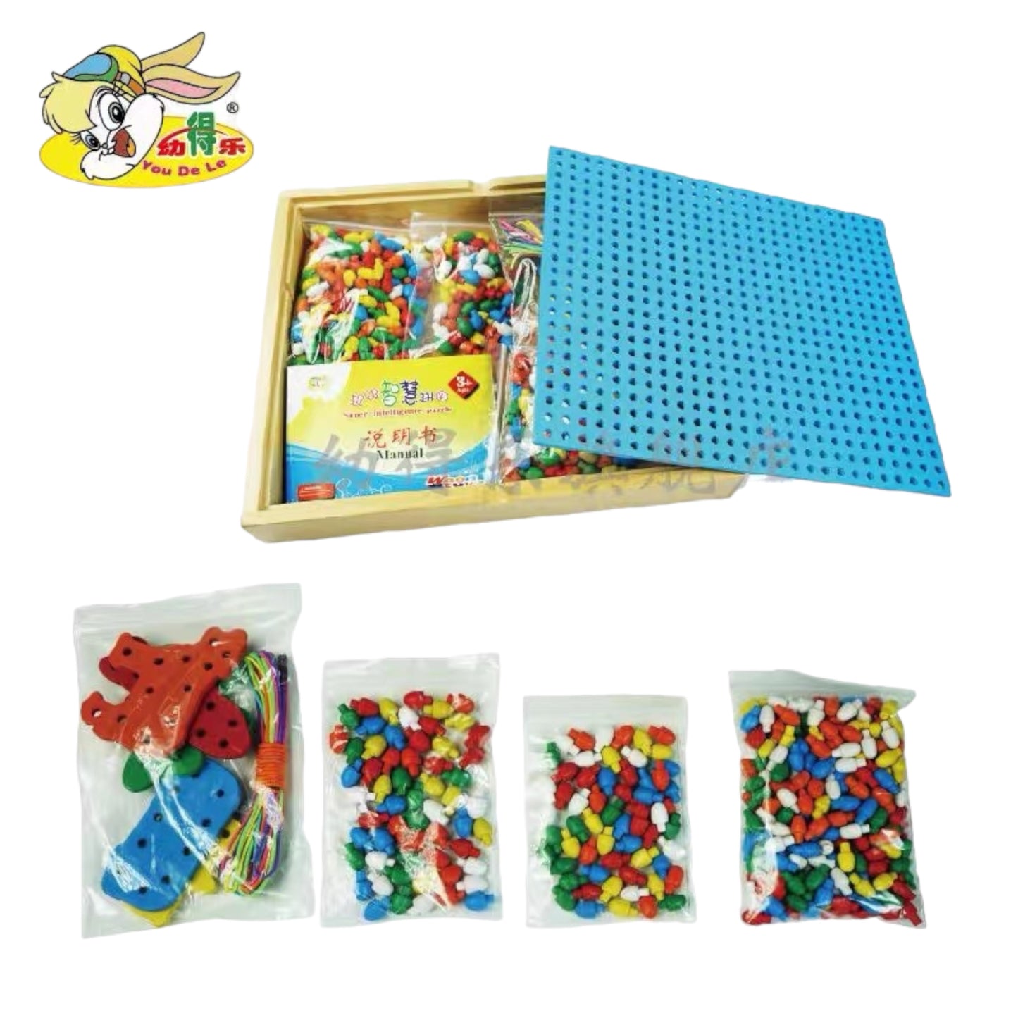 Wooden Mosaic Beads Pegs Board and Threading Activity Box