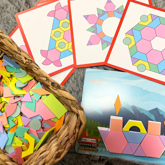 250+pc  Wooden Pattern Blocks Geometric Shapes with Flash Cards Pastel Colour