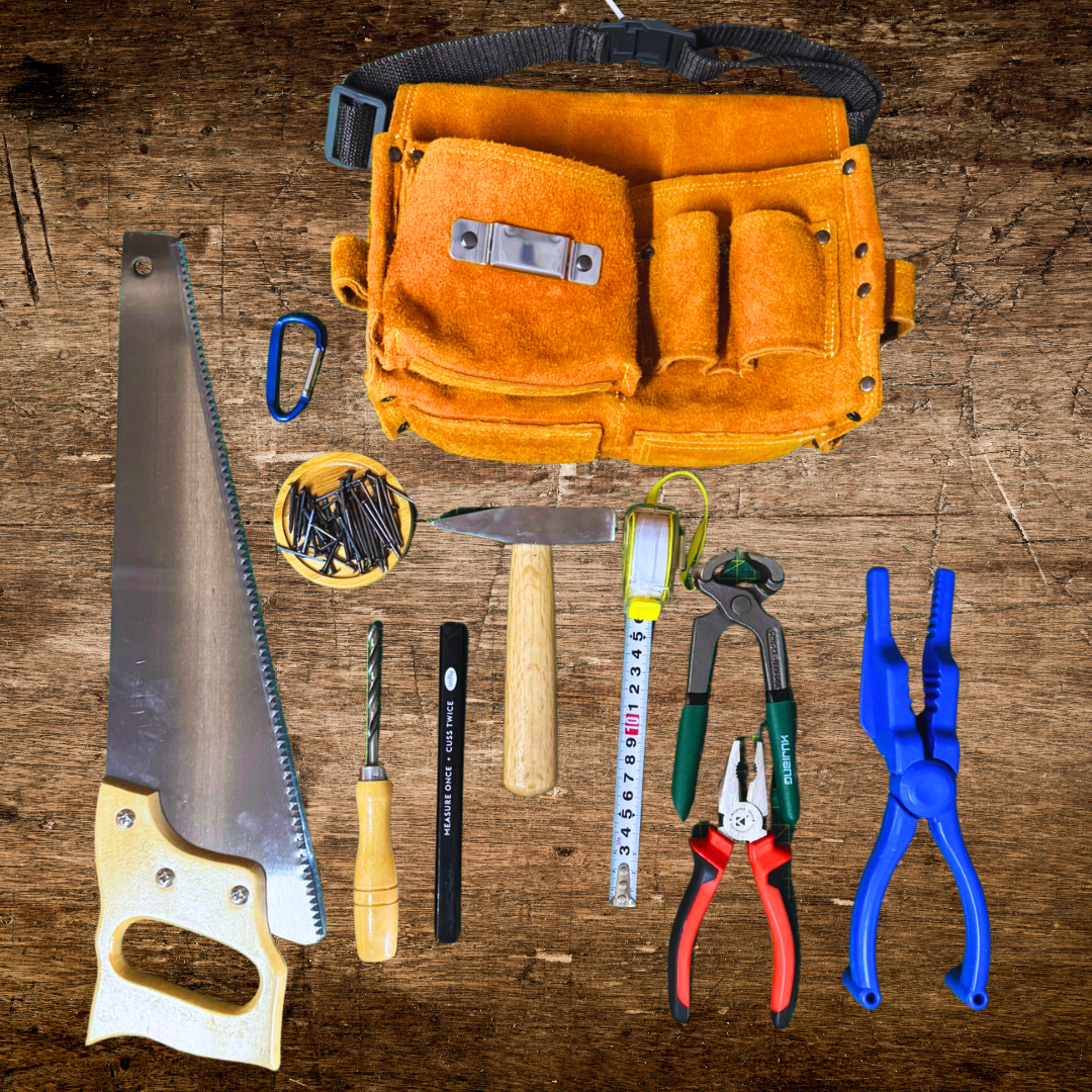 Kids 8 Real Tools w Tool Pocket Pouch Nail Pincer Pliers Kit Bundle optional belt!