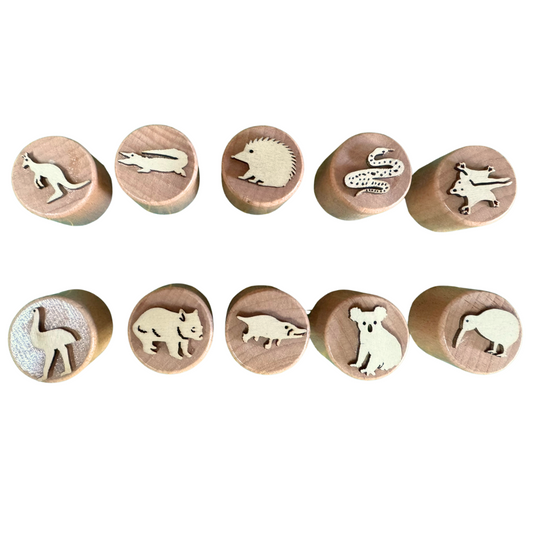 10 Piece Wooden Stamps Australian Aussie Animals Toys