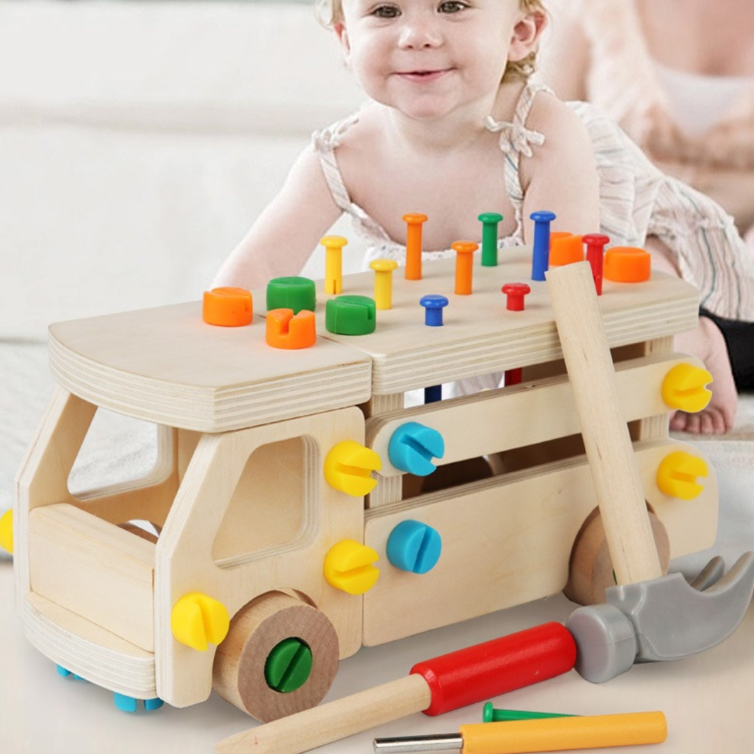 Wooden Construction Truck 60+ piece Tool Set Hammer Pounding Nail Toy