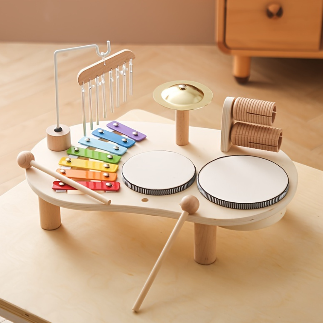 Wooden Kids Deluxe Percussion Music Table with Bell Musical Chime Drum and Xylophone