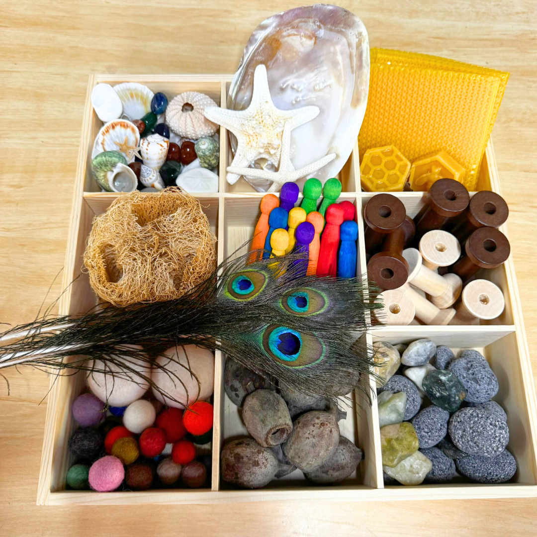110pcs Kids Wooden Natural Loose Part Play Kit with 9 Compartment Tinker Tray - HAPPY GUMNUT