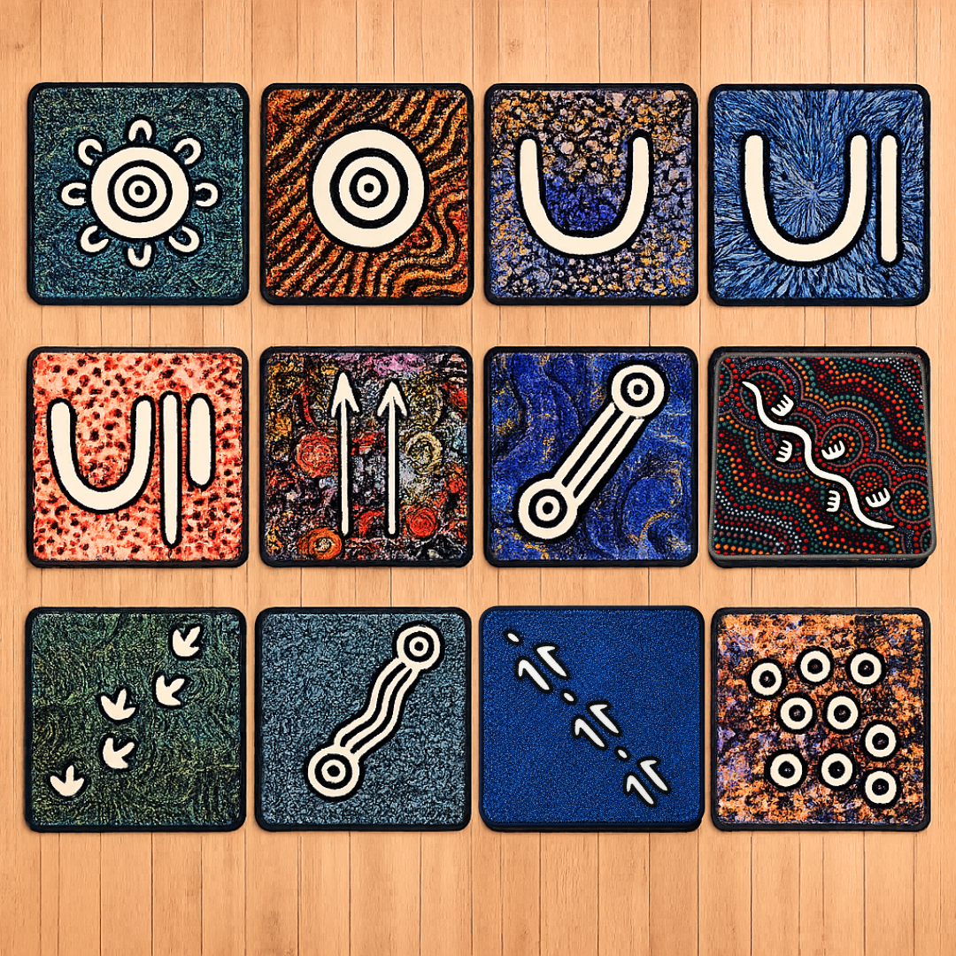 Set of 12 Australian Aboriginal Symbol Rug Matts NAIDOC Week Childcare Supplies 50cmx50cm (Set of 12) - HAPPY GUMNUT