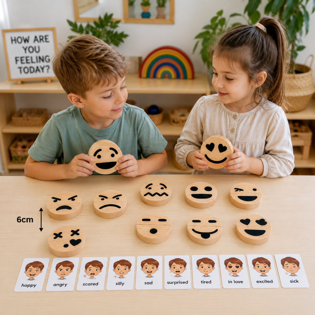 20Pcs Kids Wooden Feeling Emotions Emoji Teaching Activities Learning Blocks - HAPPY GUMNUT