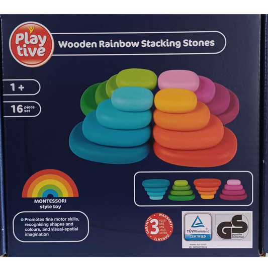 16 pc Playtive Rainbow Colour Wooden Stacking Pebbles Balancing Stones - HAPPY GUMNUT