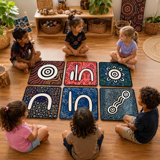 12 Australian Aboriginal Symbol Rug Matts NAIDOC  Week 50cmx50cm (Set of 12)